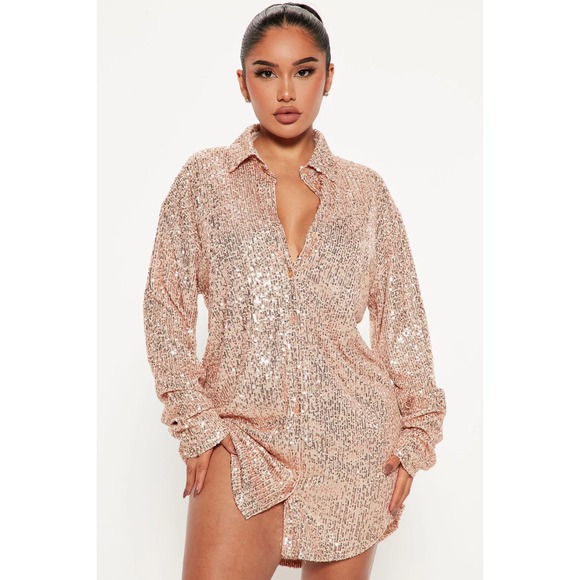 Fashion Nova Dresses & Skirts - NWT Fashion Nova Lumina Sequin Shirt Dress Rose Gold Glam Party Size L